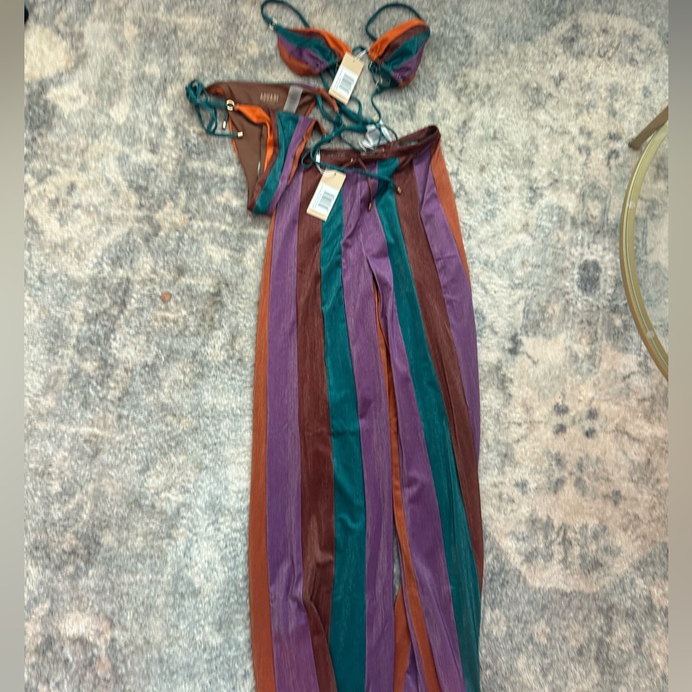 Brand new Aquari Striped Pants and Bikini set in Purple, Teal & Brown
